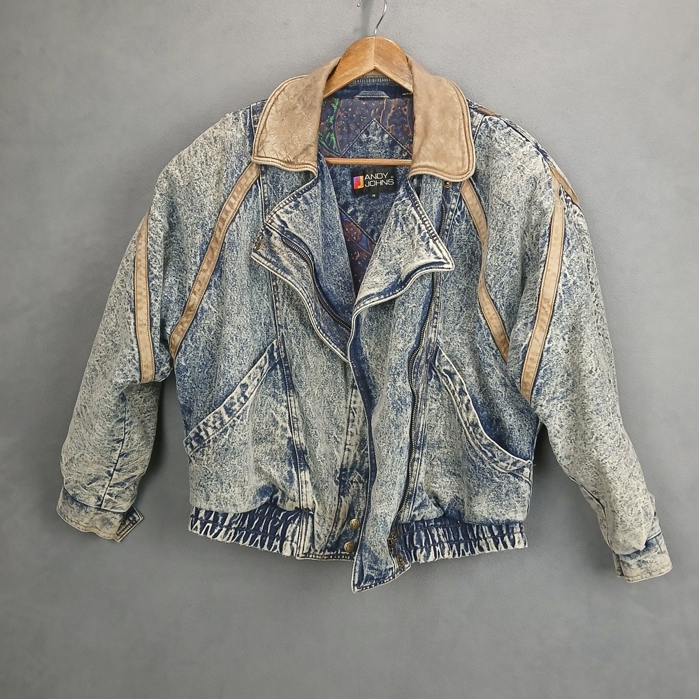 Retro Andy Johns Jean Jacket Womens Medium Blue Brown Denim Collared Full Zip